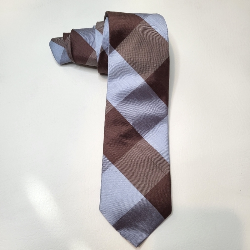 Peter Millar neck tie light blue brown plaid 100% shantung silk - Picture 2 of 6